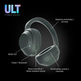 Sony ULT Wear, Auriculares inalámbricos Bluetooth con ULT Power Sound, Ultimate Deep Bass, Noise Cancelling, Calidad de Llamada nítida, hasta 30H de autonomía de la batería, iOS y Android, Gris Bosque