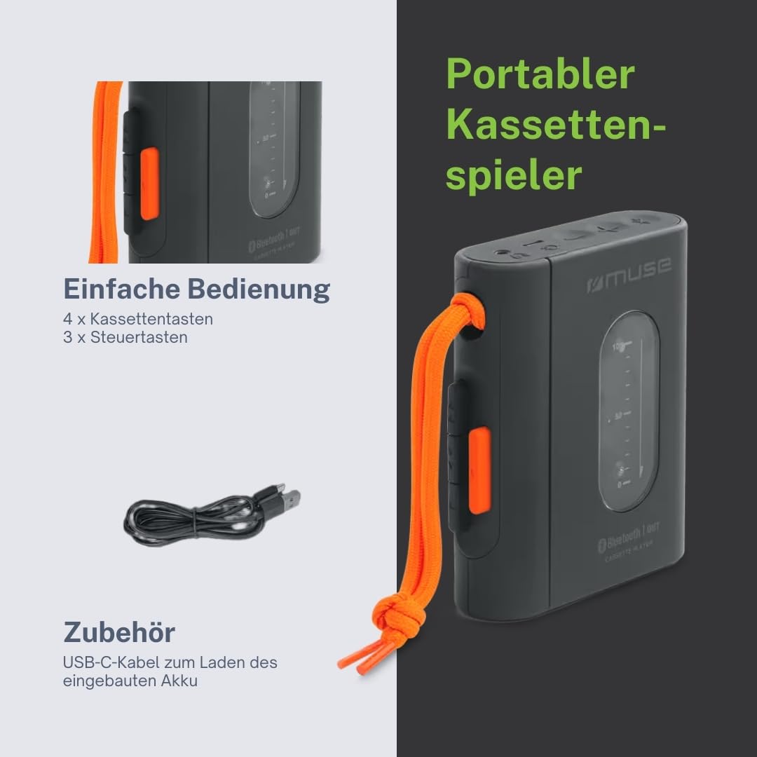 MUSE M132WM. Reproductor de Cassette con Semi-Auto Stop. Bateria Recargable, Bluetooth out, Conector de Auriculares, Carga con Cable USB-C.