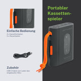 MUSE M132WM. Reproductor de Cassette con Semi-Auto Stop. Bateria Recargable, Bluetooth out, Conector de Auriculares, Carga con Cable USB-C.