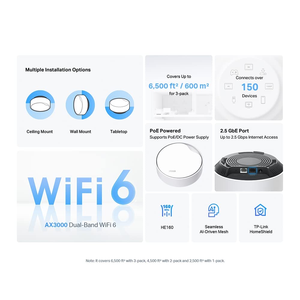 TP-Link Deco X50-PoE(3-Pack)- AX3000 Dual Band Wi-Fi 6 Mesh, Soporta alimentación PoE y DC, Puerto 2.5Gbps, Alcance hasta 600m², WPA3, Ideal para Casas Grandes