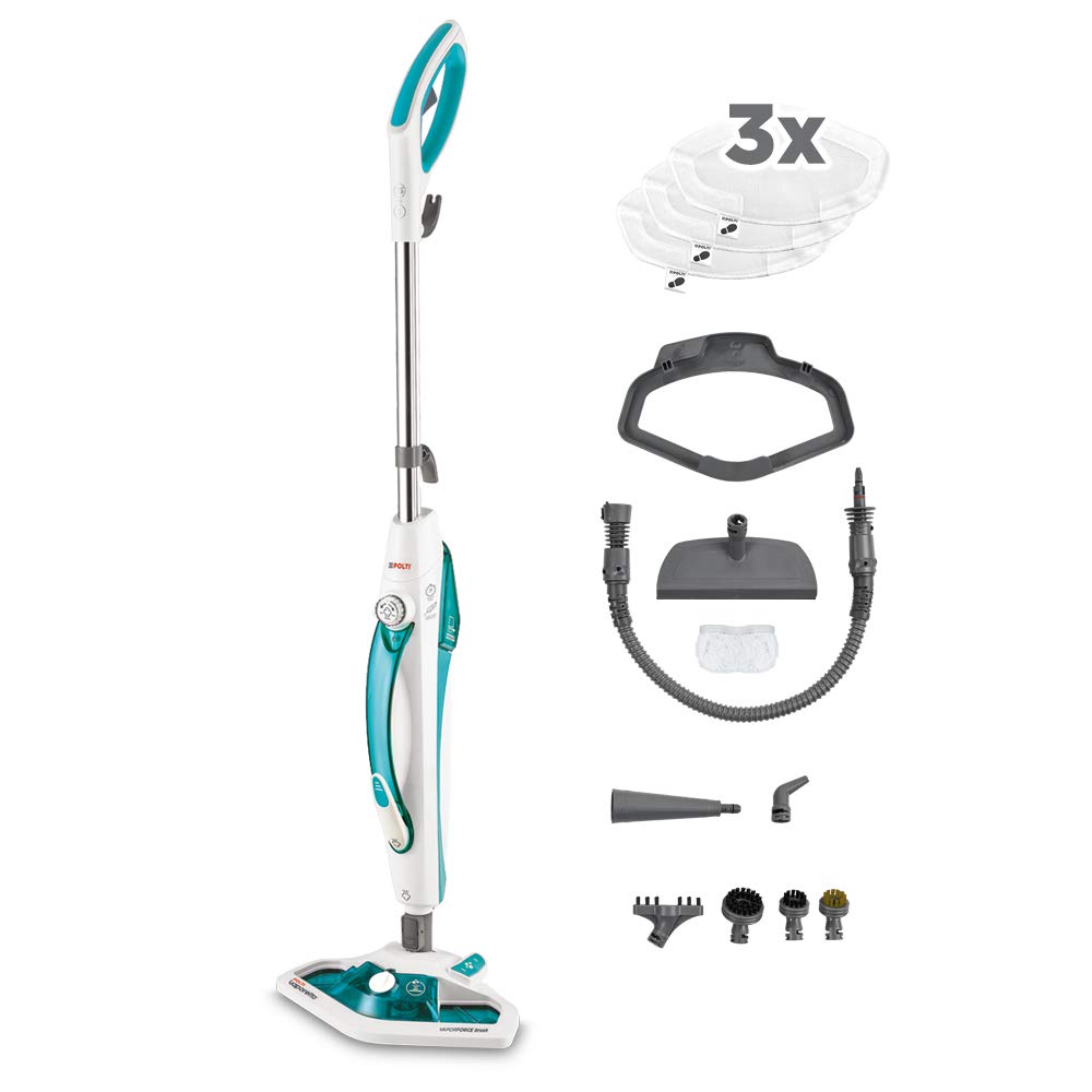 Polti Vaporetto SV450 Doble, Escoba a Vapor 2 en 1 con Limpiador Portátil, Potencia Máxima 1500 W, 13 Accesorios Incluidos, Depósito Extraíble 0,3 L, Azul Claro y Blanco