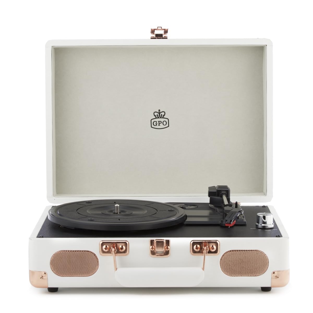 GPO Soho Reproductor de vinilos Retro con diseño de maletín, 3 velocidades, tocadiscos de vinilo - Blanco
