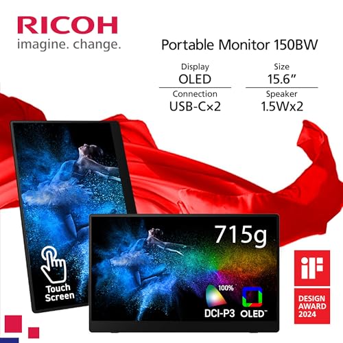 Ricoh Monitor portátil inalámbrico 150BW de 15,6 Pulgadas, 1920 x 1080, OLED, USB C, Ligero con Pantalla táctil y 2 Altavoces Integrados, Pantalla portátil Externa para Ordenador portátil/PC/teléfono