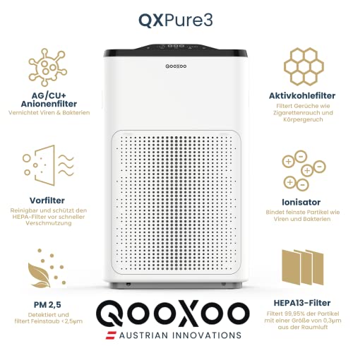 Purificador de aire QXPure3 – Austrian Innovations – CADR 215 m³/h – hasta 50 m² – Filtro HEPA13 para polen, polvo fino, humo, contaminantes y tecnología QXAir+mata el 99,95% de los virus y bacterias,