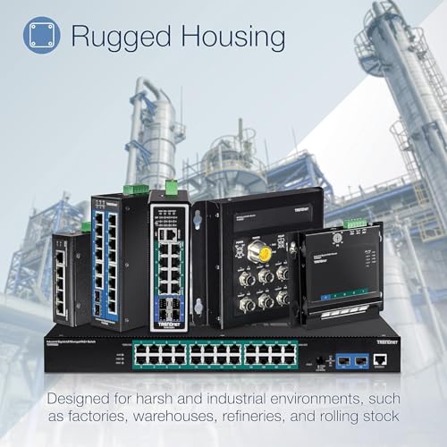 TRENDnet, TI-PG50, Conmutador Gigabit Industrial no administrado Reforzado de 5 Puertos, 10/100/1000 Mbps, conmutador DIN-Rail, 4 Puertos Gigabit PoE+, 1 Puerto Gigabit