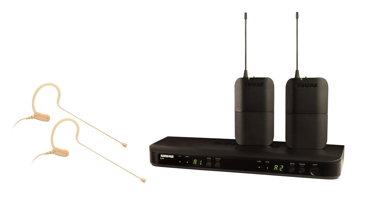 Shure Micrófono inalámbrico BLX188/MX53 con (2) micrófonos de Diadema, Receptor de Doble Canal y batería de 14 Horas y Alcance de 100m, para transmisiones, Iglesias y presentaciones en Banda T11