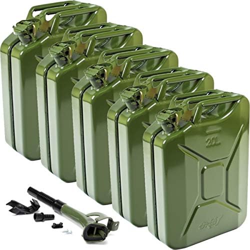 Oxid7® 5x Bidón metálico de combustible 20 litros verde oliva incl. embudo de llenado | Apto para gasolina, gasóleo y bioetanol | Bidón de gasolina 20L con homologación UN y homologado