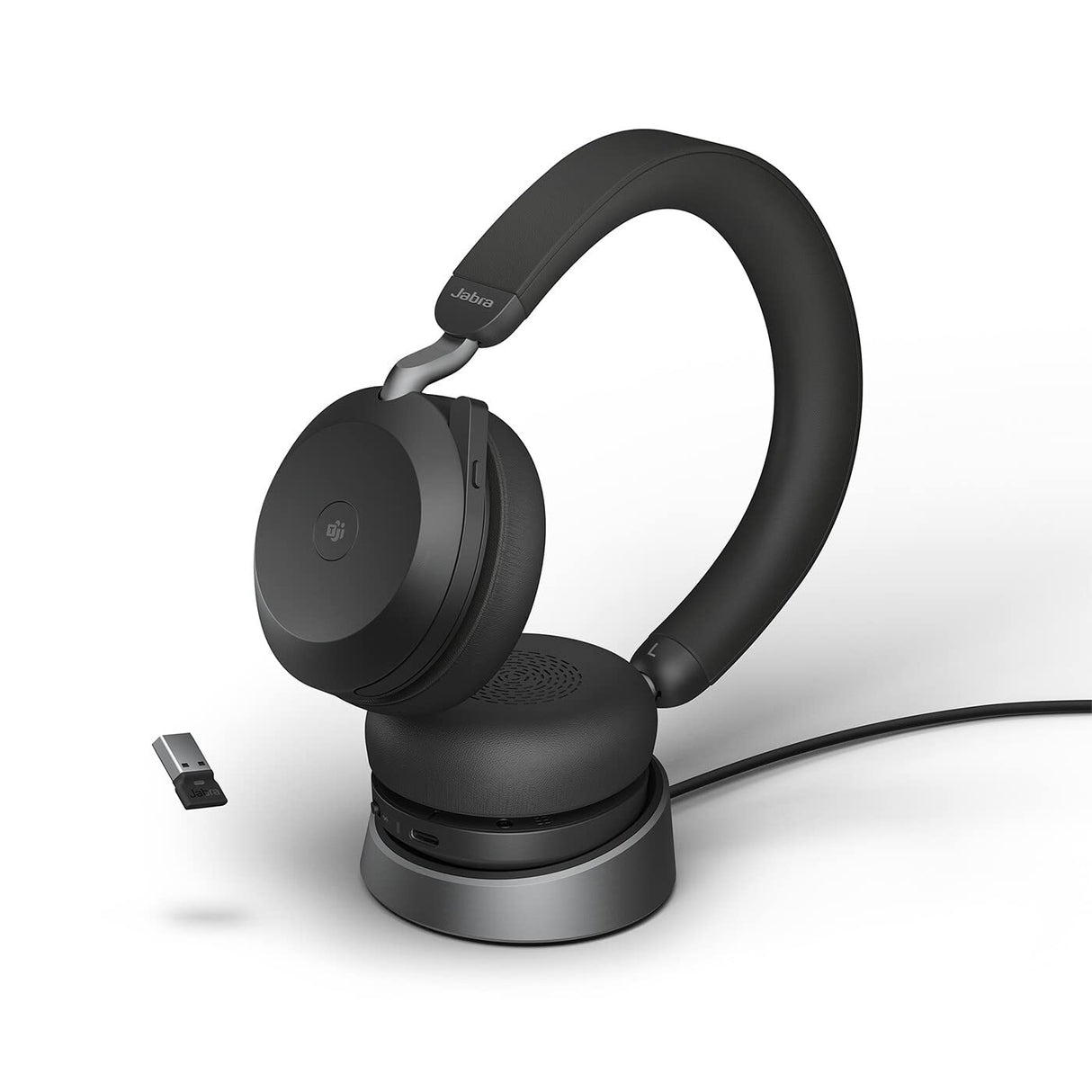 Jabra Evolve2 75-Auriculares Estéreo Inalámbricos con Estación de Carga, 8 Micrófonos, Doble Espuma y Cancelación de Ruido Activa-Adaptador Bluetooth USB-A-Compatible con MS Teams-Negro