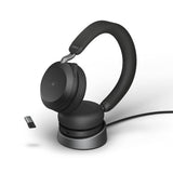 Jabra Evolve2 75-Auriculares Estéreo Inalámbricos con Estación de Carga, 8 Micrófonos, Doble Espuma y Cancelación de Ruido Activa-Adaptador Bluetooth USB-A-Compatible con MS Teams-Negro