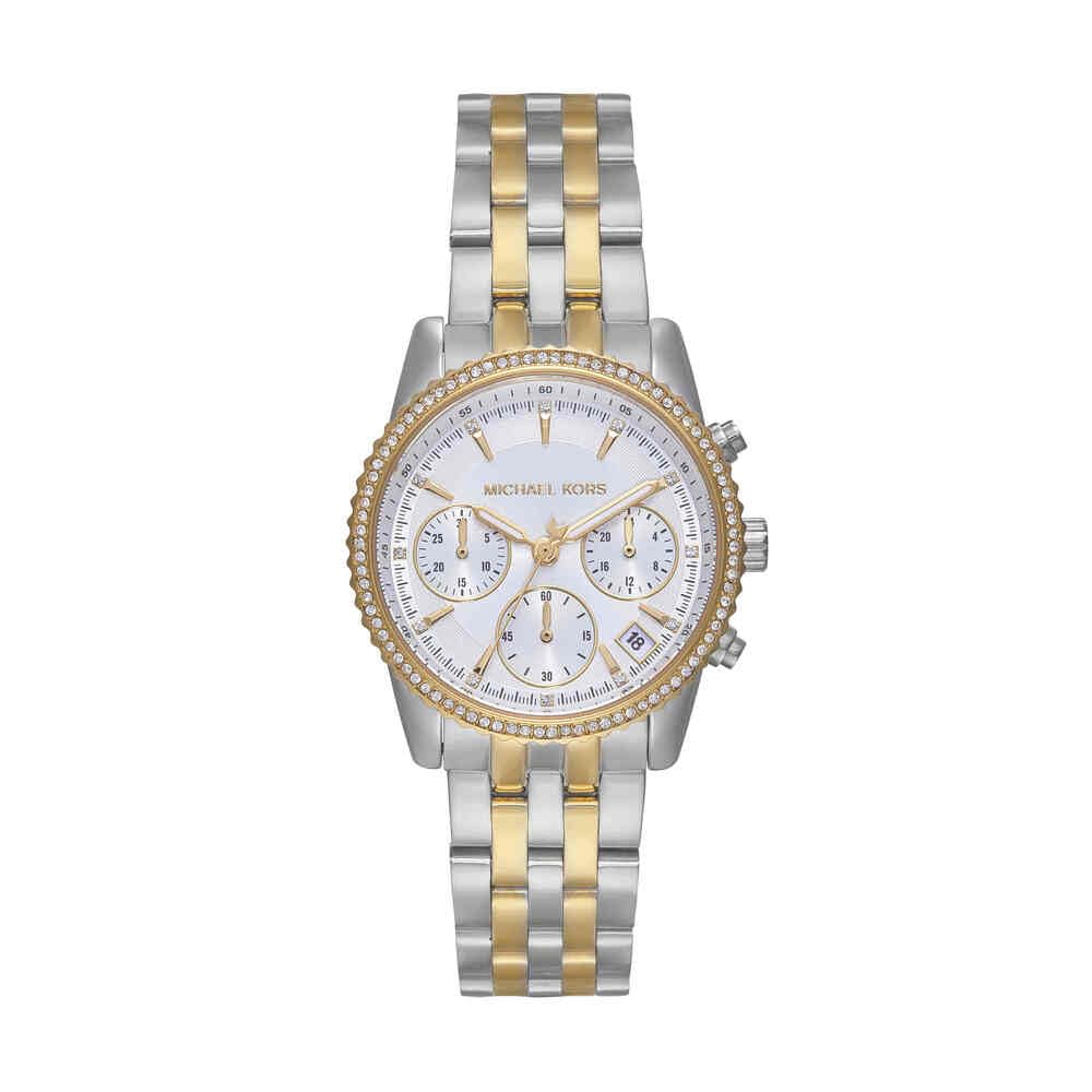 Michael Kors Reloj Bryant para Mujer, Movimiento cronógrafo de Cuarzo de 35 mm con Correa de Acero Inoxidable, 35 mm, Plateado y Dorado