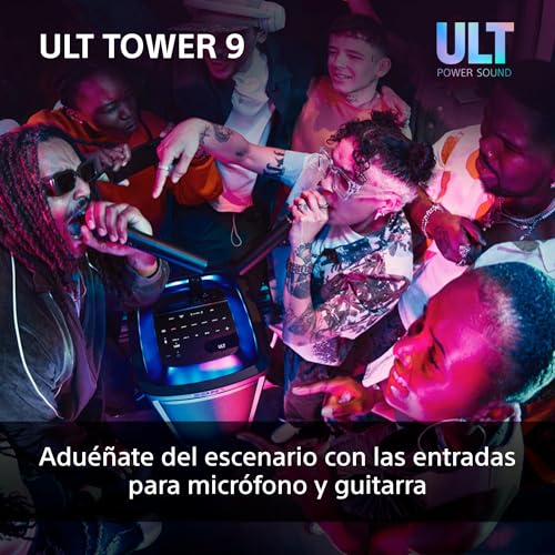 Sony ULT Tower 9, Ultimate Bluetooth Party Speaker, 25 H de batería y alimentación de Red, 2 Modos ULT Power Sound, X-Balanced Speaker, 360 Luces y Sonido, entradas de Karaoke, Negro