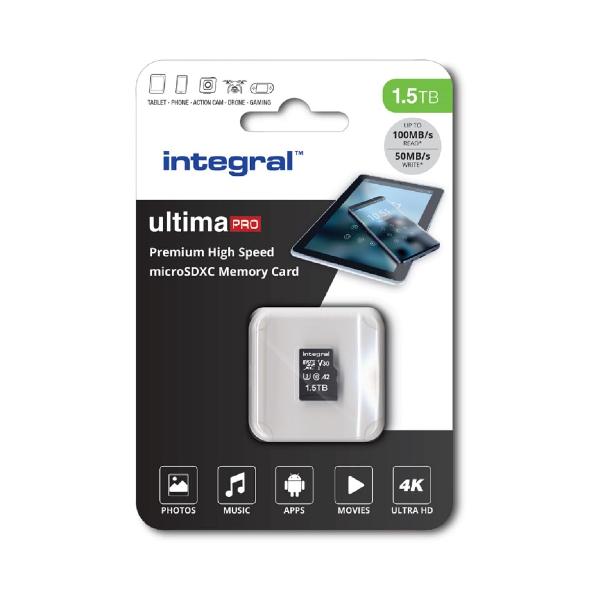 Integral 1.5TB microSD Card Premium Alta Velocidad Tarjeta de Memoria Vídeo 4K - hasta 100MB/s Lectura y 50MB/s Escritura, UHS-I, U3, Clase 10, A2 Rendimiento para App - Smartphones, tabletas, Drones