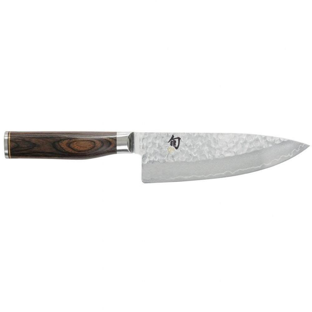 KAI Shun Premier Tim Mälzer cuchillo de cocina japonés 15 cm de longitud de hoja - Núcleo VG-MAX 61 HRC, 32 capas de Damasco pulido - Madera de Pakka veteada de color marrón medio