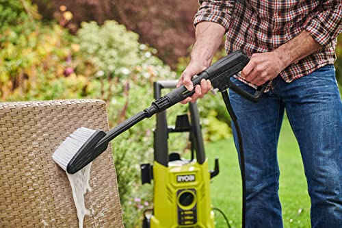 RYOBI - Hidrolimpiadora de Alta Presión 1800W, 140 Bares, 420l/h - 2 Lanzas (Vario y Turbo) y 1 Cepillo Multisuperficie, Limpiador de Superficies Ø 25 cm - Depósito Detergente 0,9l - RY140PWA