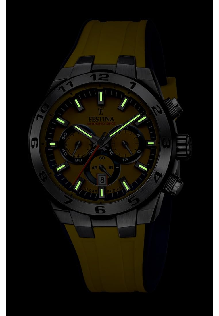 Festina Reloj Hombre F20671/4 Chrono Bike Caja de Acero Inoxidable 316l Plateado Correa de Caucho Amarillo