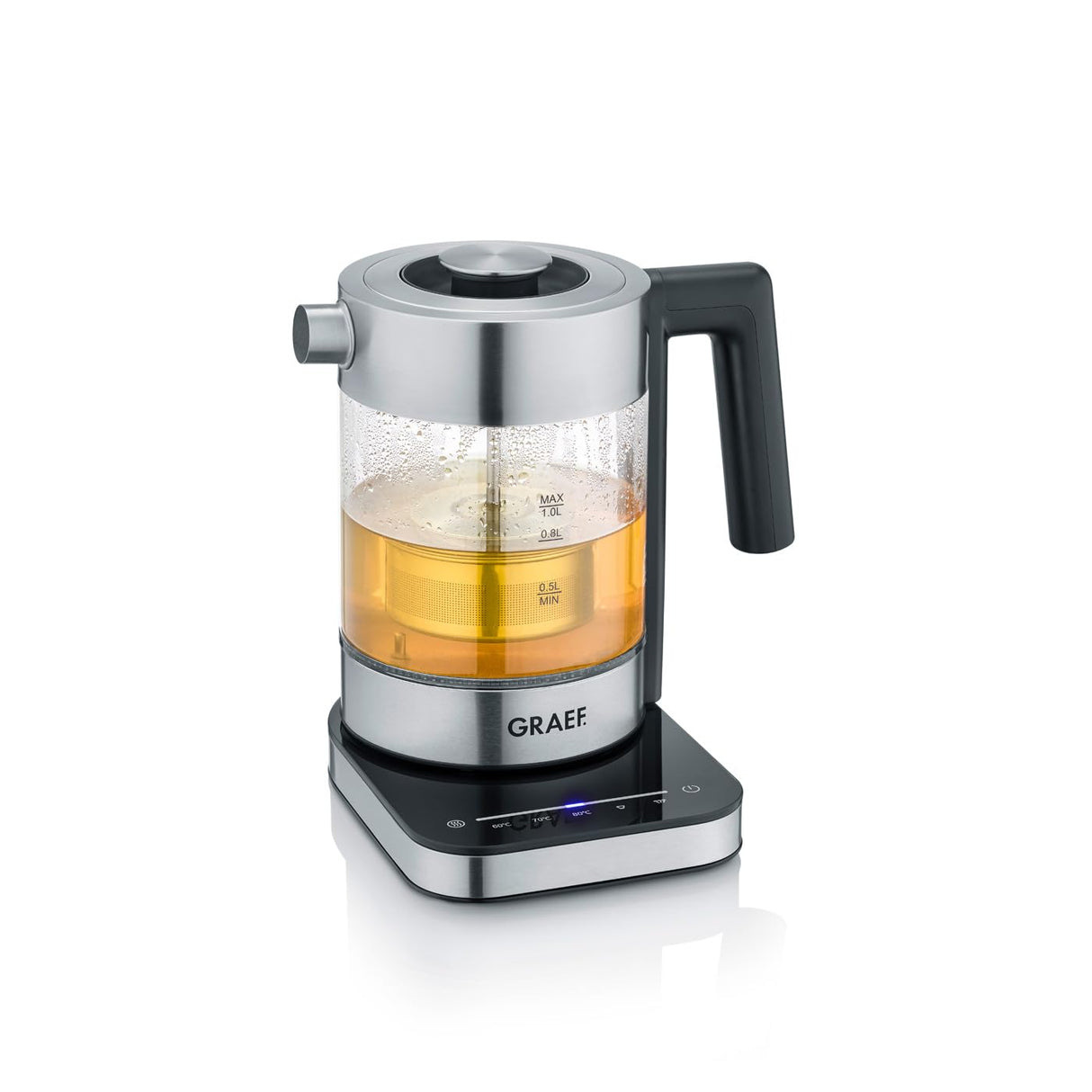 Hervidor de agua de cristal GRAEF WK350, 1 litro, diseño de alta calidad, cristal Schott Duran, acero inoxidable, ajuste de temperatura, colador de té, iluminación LED, base de 360°, función de