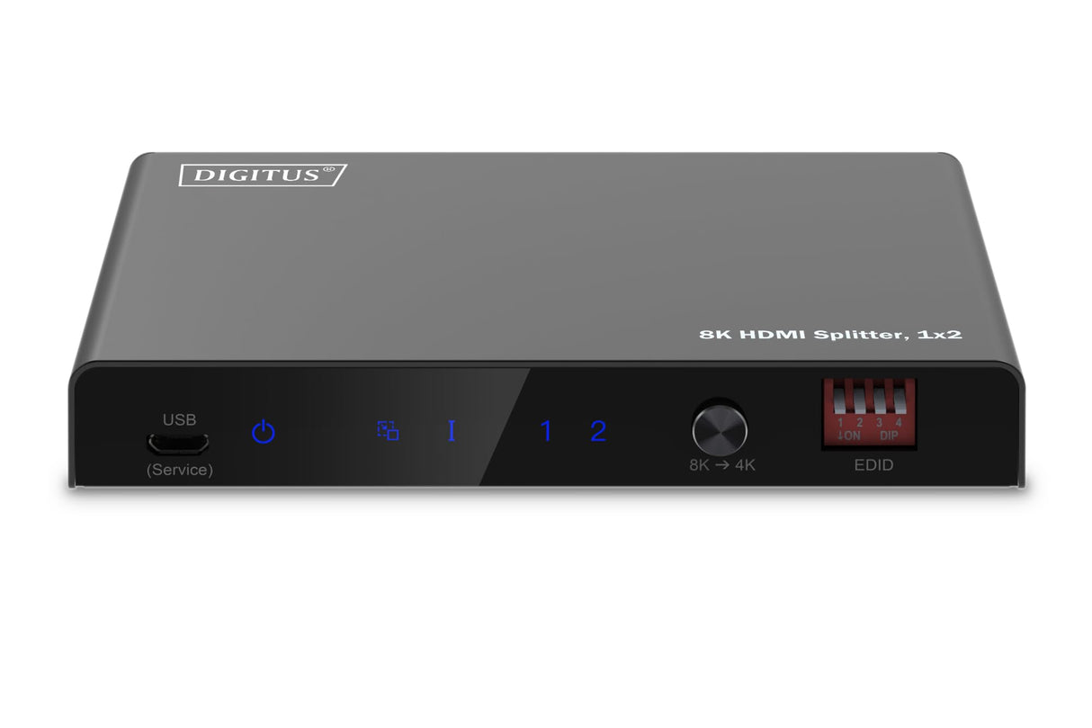 DIGITUS DS-55339 Divisor HDMI 1x2 – Entrada: 1 Puerto/Salida: 2 Puertos – UHD 8K/60 Hz HDTV: 7680 × 4320p – HDCP 2.3 & HDMI 2.1 – HDR, Deep Color, Interruptor EDID – Toslink, Estéreo (3,5 mm)