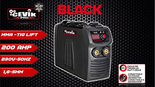 CEVIK PRO CE-BLACK200PLUS - Soldador Inverter MMA con Máscara de Soldadura y Portaelectrodo - 200A 40% 230V - Electrodos hasta 5mm - Display Digital -IGBT- Conectable a Generador - Máquina de Soldar