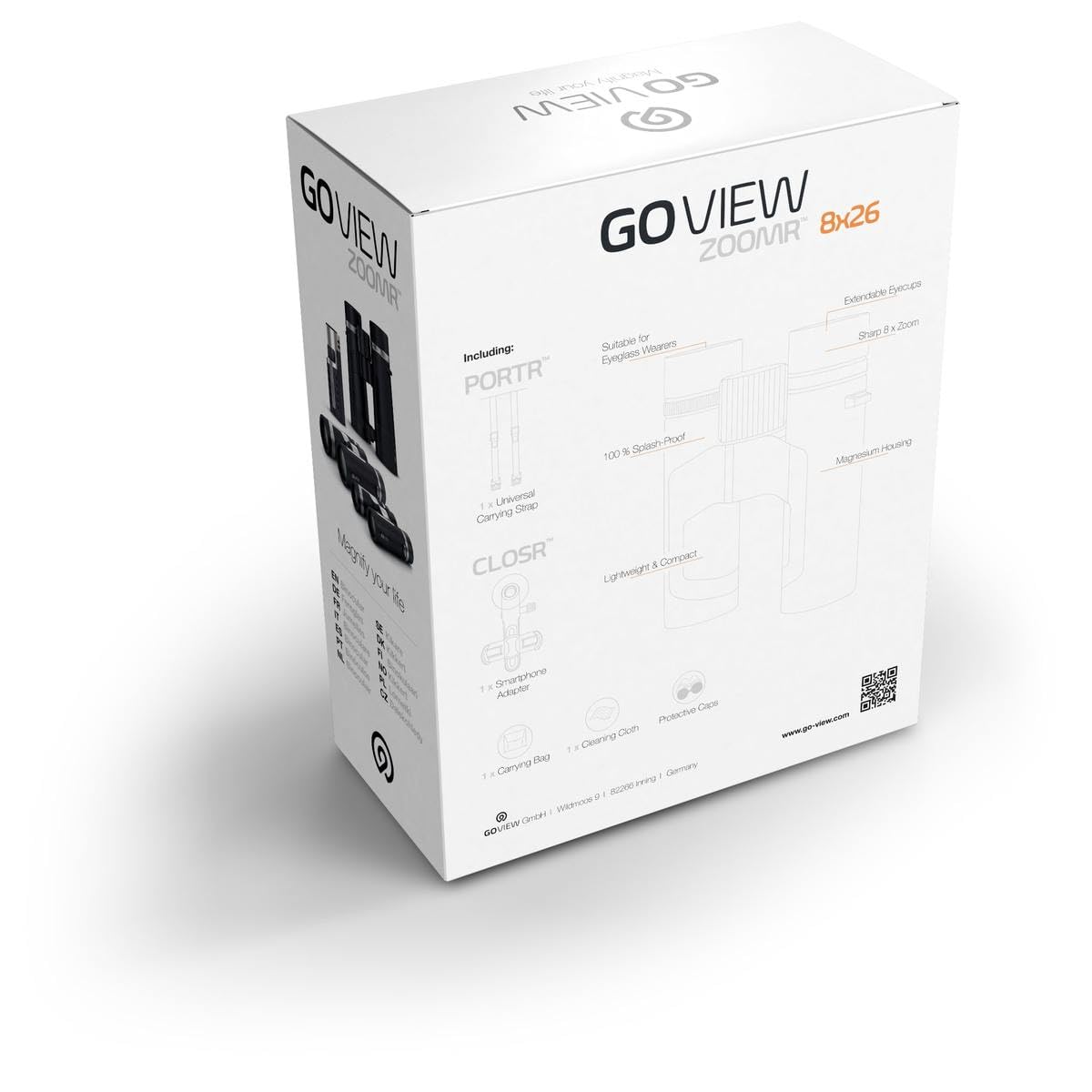 GoView ZOOMR 8x26 prismáticos pequeños y Ligeros (Aumento de 8X, Carcasa de magnesio, Incluye Adaptador para Smartphone y Accesorios) Sunset Naranja