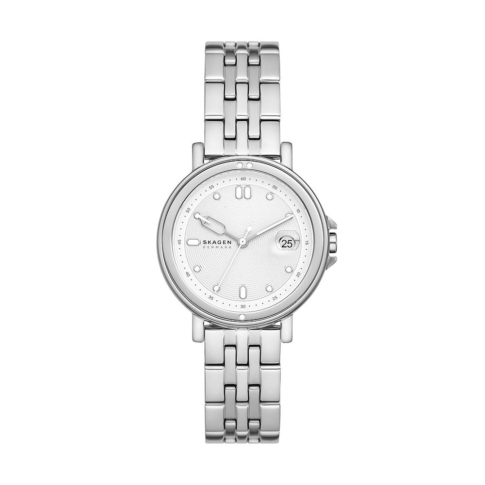 Skagen Reloj Signatur Sport Lille para mujer, movimiento de cuarzo a tres agujas con correa de acero inoxidable, 34 mm, Blanco Y Tono Plateado