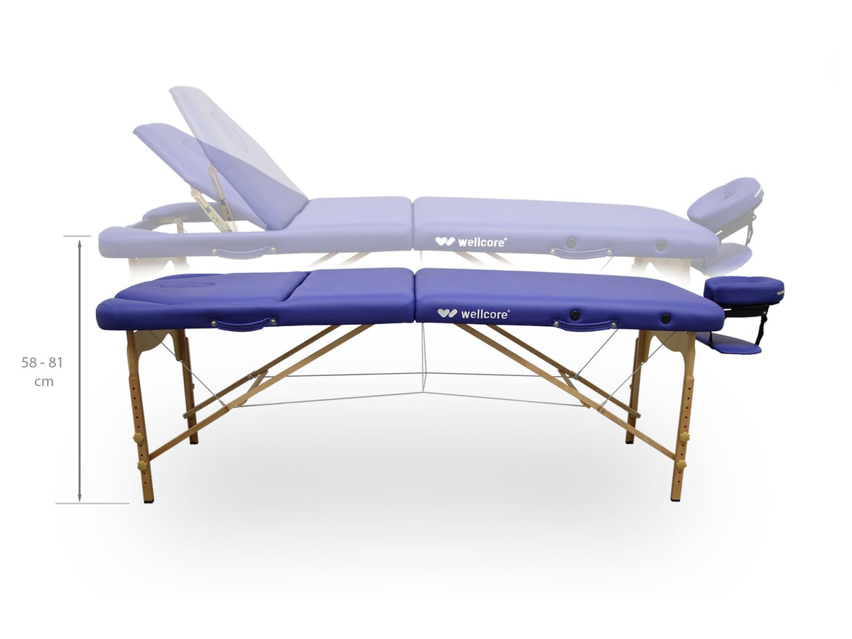 QUIRUMED Camilla de Masaje Plegable WELLCORE, con Respaldo abatible, Fabricada en Madera, Polipiel, 195 x 70 cm, Altura Regulable, Cabezal extraíble, Agujero Facial, Color Negro, hasta 225 kg