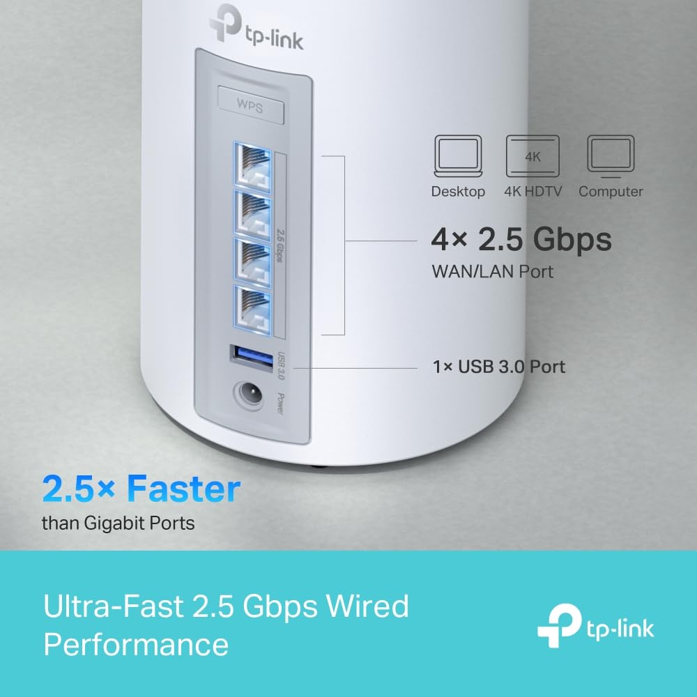 TP-Link Deco BE65(3-Pack) - BE9300 Wi-Fi 7 Mesh WLAN Set (Paquete de 3), Tribanda 5760 Mbit/s (6 GHz) + 2880 Mbit/s (5 GHz) + 574 Mbit/s (2,4 GHz), 6 transmisiones, 4 Puertos 2.5G, 1 USB 3.0