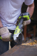 RYOBI - Amoladora 18V ONE+ Ø 115 mm, 7500 rpm - Empuñadura auxiliar - Se suministra con 1 batería de litio+ 4,0 Ah, 1 cargador rápido 2,0 A, 1 bolsa de transporte y 1 disco de amolar - R18AG-140S
