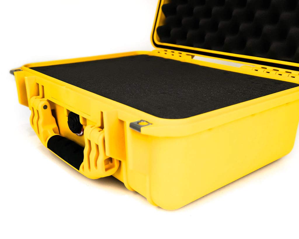 PELI 1450 Maleta de transporte resistente para componentes electrónicos, instrumentacion, herramientas, IP67 estanca, 15L de capacidad, fabricada en Alemania, con espuma personalizable, Color Amarillo