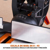 Evolution Power Tools R210CMS Multimaterial Sierra Ingletadora - Corta acero dulce, aluminio, plástico, madera con clavos incrustados, 210 mm