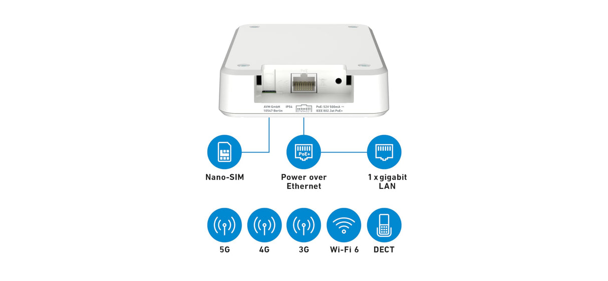 Fritz!Box 6860 5G International - Router móvil 5G/LTE con hasta 1.300 Mbps, Wi-Fi 6 con hasta 3.000 Mbps, PoE+, Carcasa a Prueba de Polvo y Salpicaduras, Base DECT, Interfaz en Español