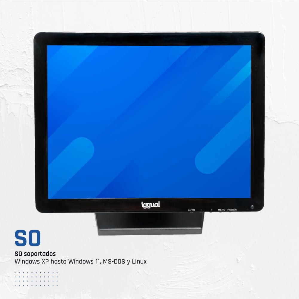 iggual Monitor Táctil de 15" - Compat Aplicaciones TPV- Panel Resistivo 75Hz TFT LCD (4:3)- SO: Wind XP hasta 11,MS-Dos, Linux- VESA 75x75mm- USB-A + VGA+HDMI, 1.024x768 XGA (349x274x69) MTL15C