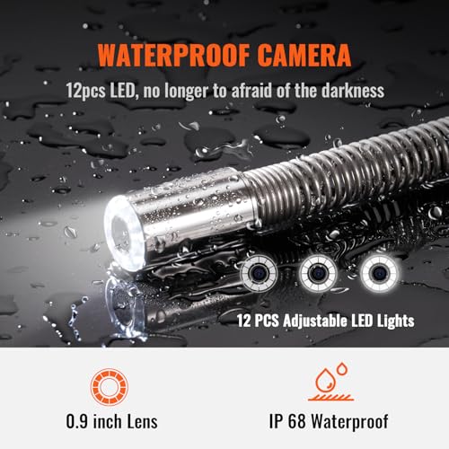 VEVOR Cámara Endoscópica de Drenaje Pantalla de 9" IP68 Impermeable Batería de 4500 mAh 12 LED Ajustable Cable de 91,5 m Tarjeta SD de 16GB para Tubería de Alcantarillado Drenaje de Plomería en Hogar