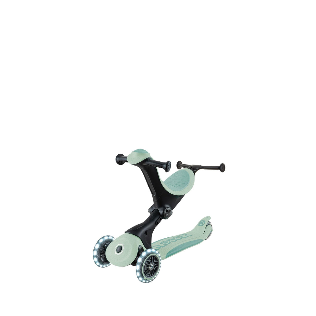 Globber - GO•UP Deluxe Lights Eco 360 - Patinete evolutivo de 3 Ruedas con Asiento Giratorio 360°, reposapiés, Luces LED y Materiales sostenibles, de 15 Meses a 6 años - Verde Pistacho