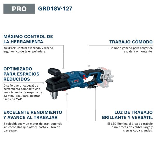 Taladro de ángulo recto a batería GRD 18V-127 con Bosch Professional 18V System (par suave de 65 Nm, motor Brushless sin escobillas, 2 velocidades: desbaste rápido 1800 rpm, lento 550 rpm)