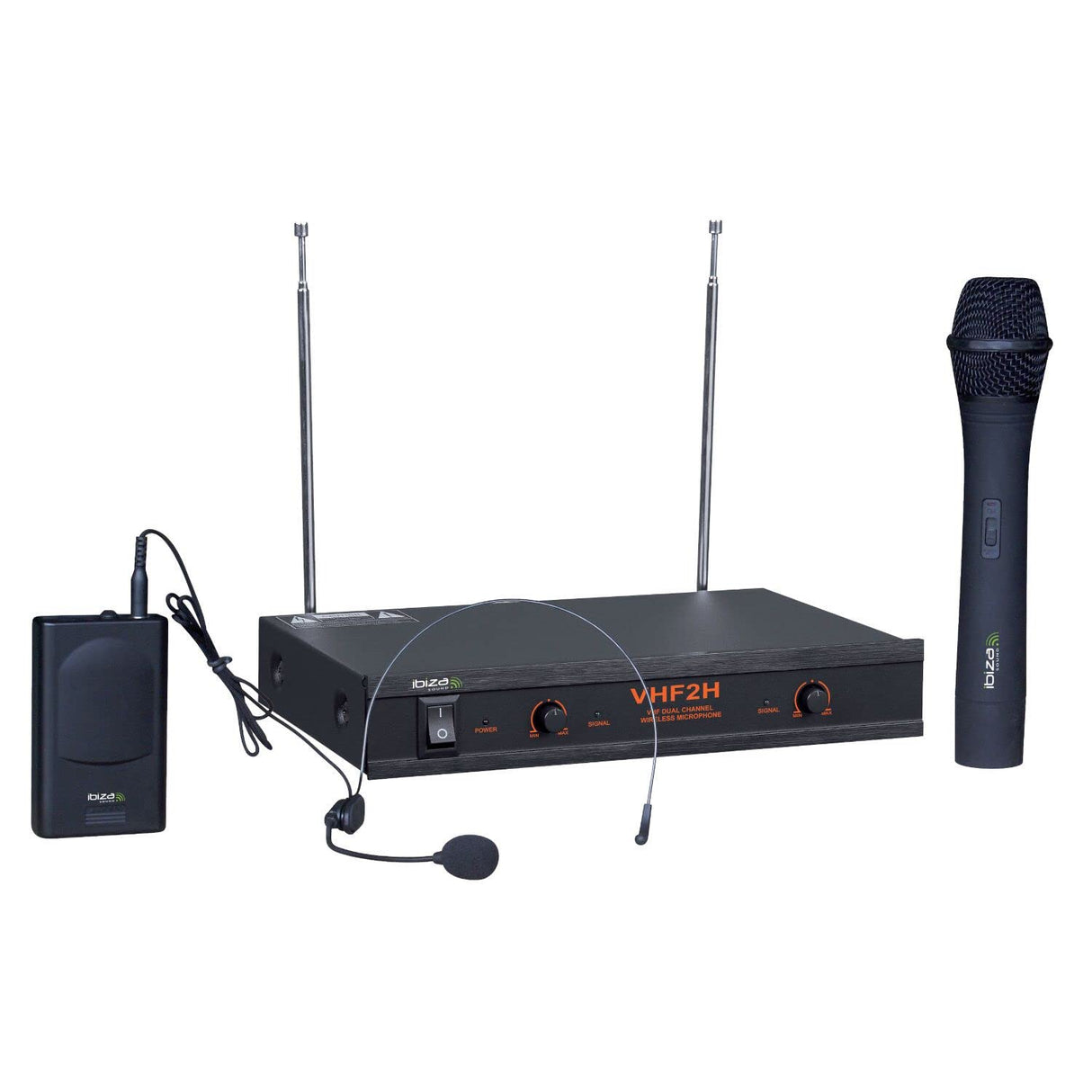 Ibiza - VHF2H - Sistema de microfonía inalámbrica con 1 micrófono de Mano VHF, 1 micrófono de Diadema VHF y 1 Receptor - 2 Canales 203.5 & 207.5MHz - Negro