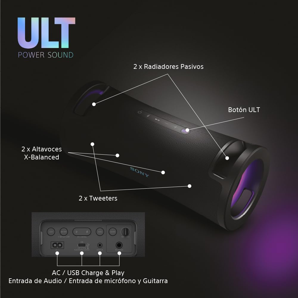 Sony ULT FIELD 7 Altavoz inalámbrico bluetooth portátil con ULT POWER SOUND y Deep Bass, altavoz X-Balanced, 30H de batería, IP67, resistente al agua, iluminación LED, micrófono, entrada para guitarra