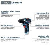 Bosch Professional 12V System Taladro/atornillador GSR 12V-32 (KickBack Control, motor Brushless sin escobillas, incl. baterías de 2,0 Ah, cargador, bolsa de herramientas)