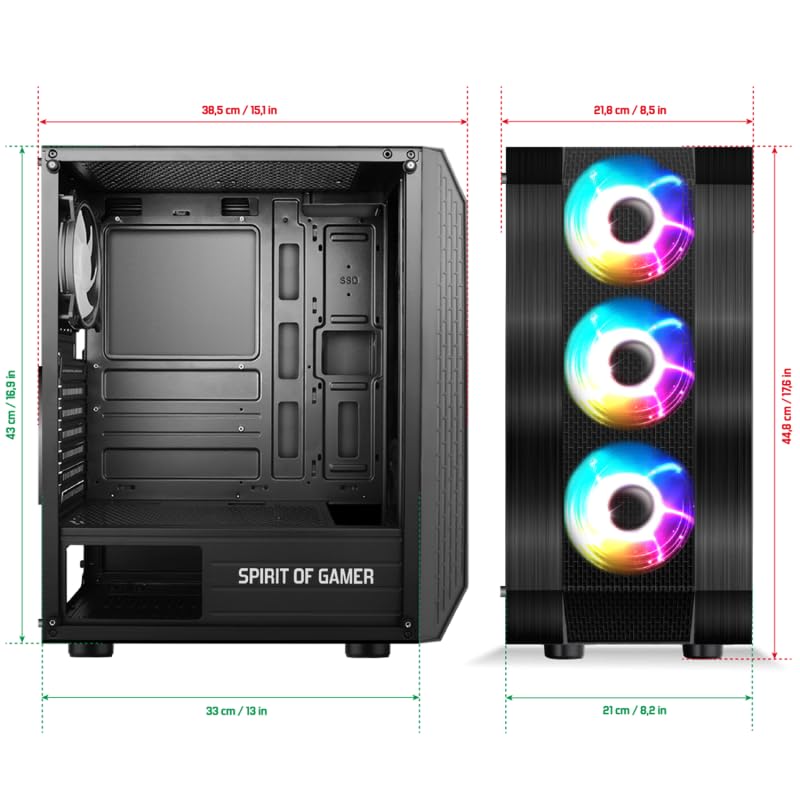SUZA INT L FRANCE A8003RA Caja Gaming ATX, 4 Ventiladores ARGB 120mm, Panel Vidrio Templado, 205 × 385 × 447mm