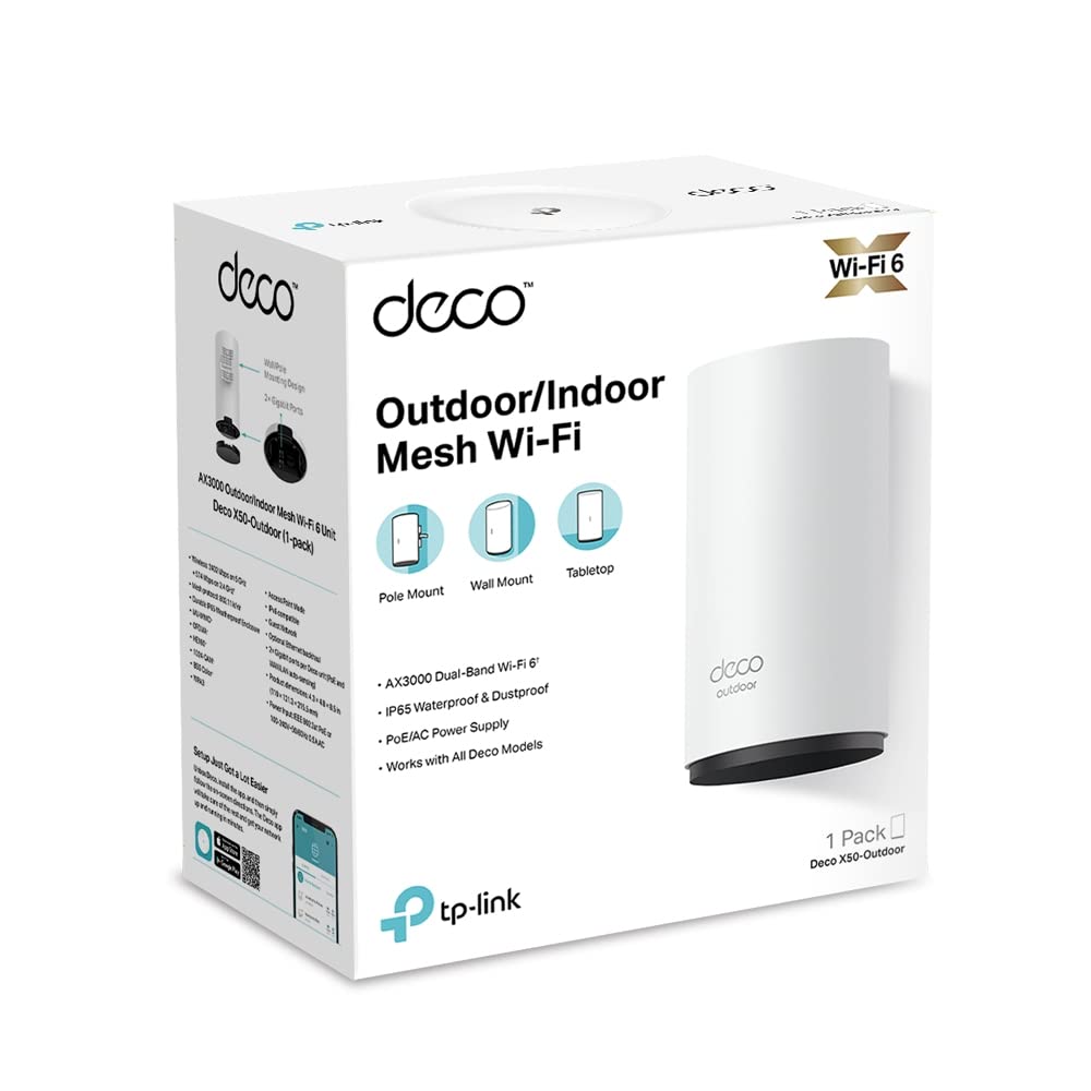 TP-Link Deco X50-Outdoor (1-Pack) - Sistema WiFi 6 AI Mesh, AX3000 Doble Banda 2.4 GHz/5 GHz,4k, Cobertura hasta 232 m2, 2X Puertos GigabIt por Unidad, Certificado como Resistente al Agua y al Polvo