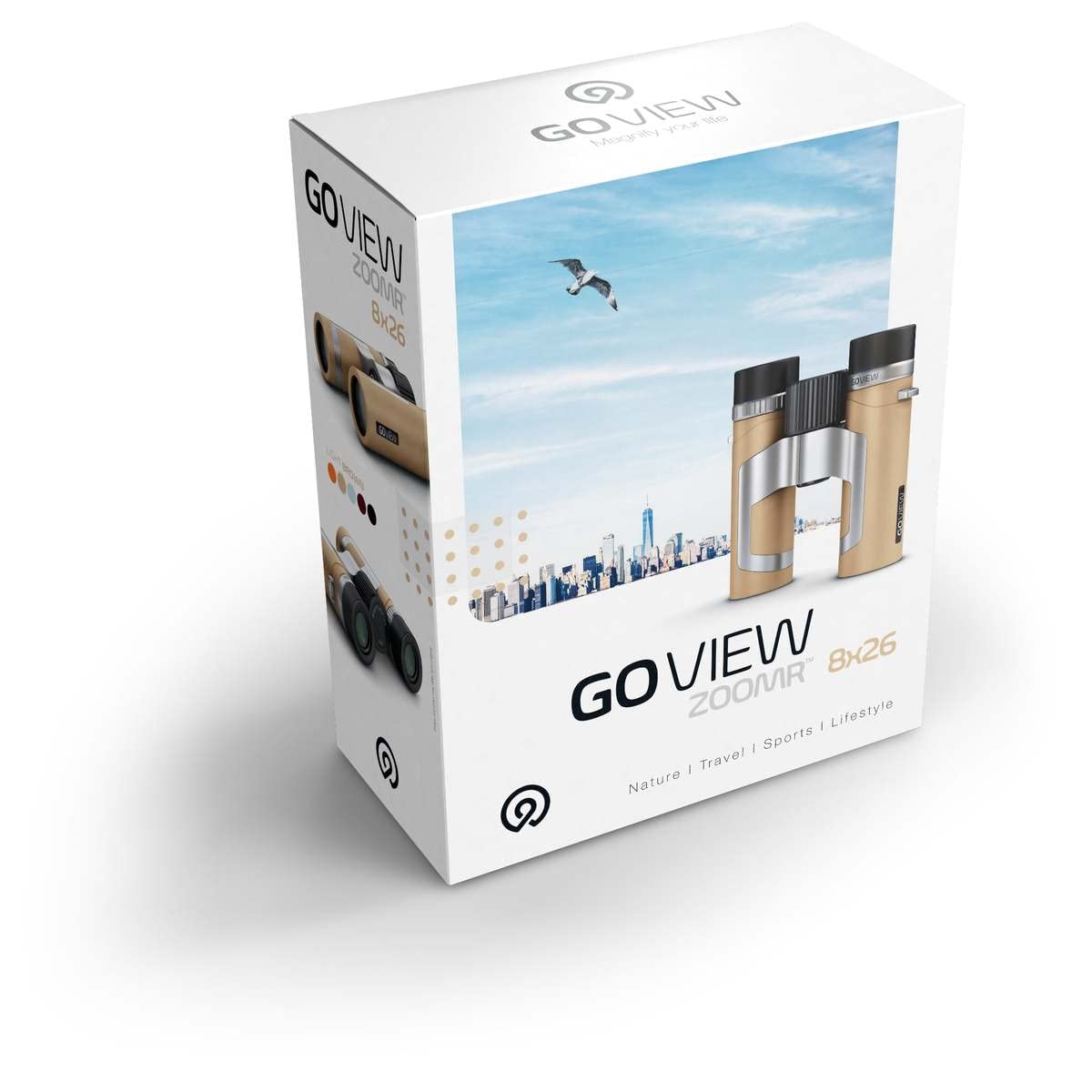 GoView ZOOMR 8x26 prismáticos pequeños y Ligeros (Aumento de 8X, Carcasa de magnesio, Incluye Adaptador para Smartphone y Accesorios) Light Marrón
