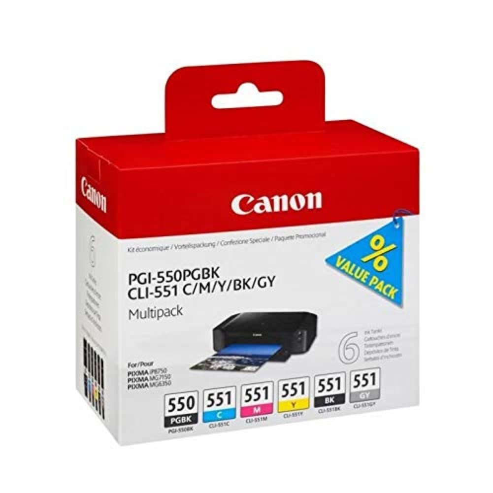 Canon PGI-550+CLI-551 Cartucho Multipack de tinta original BK/C/M/Y/G para impresora de inyeccion de tinta Pixma MX725,925-MG5450,5550,5650,6350,6450,6650,7150,7550-iP7250,8750-iX6850