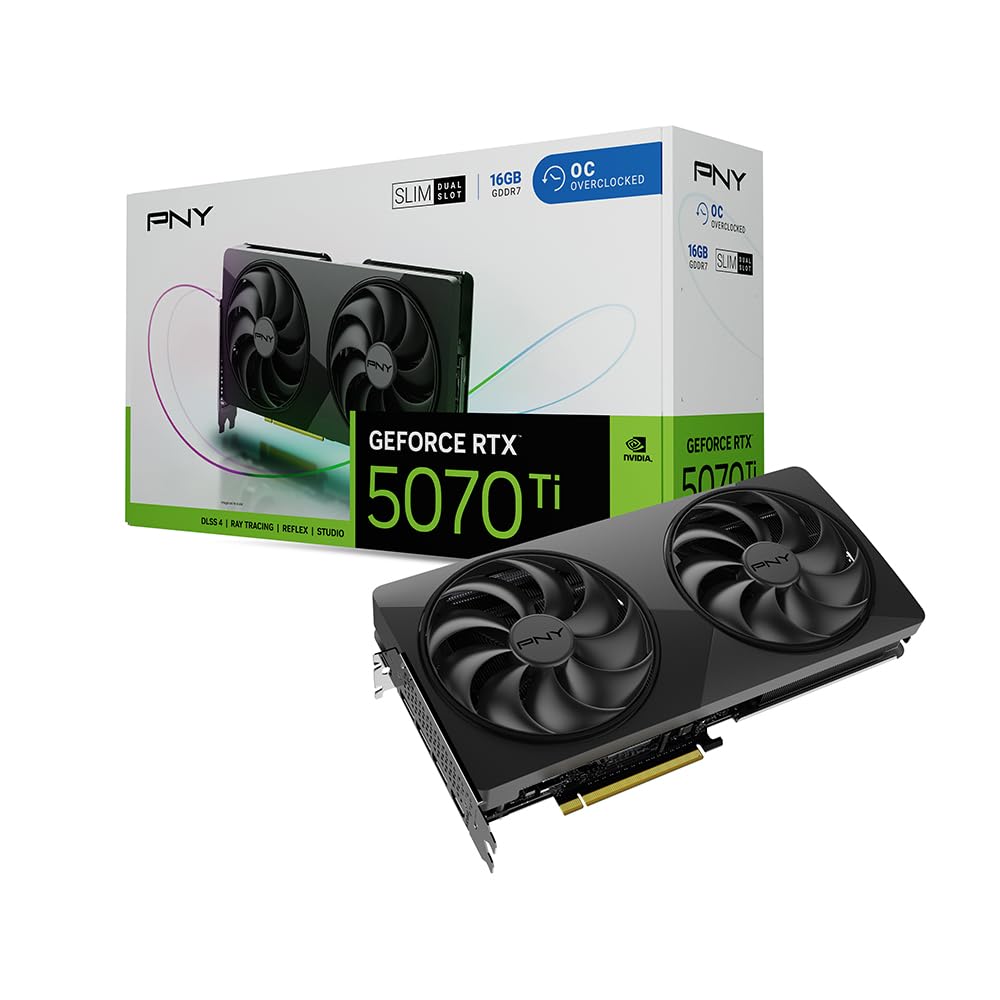 PNY Tarjeta Gráfica GeForce RTX™ 5070Ti Slim 16GB OC Doble Ventilador, 2-Slot