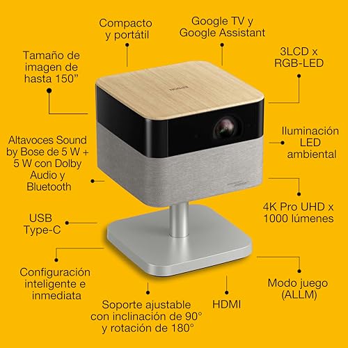 Epson Lifestudio Flex Plus EF-72 Roble,proyector portátil smart,Sound by Bose,Google TV,4K Pro UHD, Función de lámpara lateral LED, soporte ajustable, uso en interiores/exteriores, 5 años de garantía*