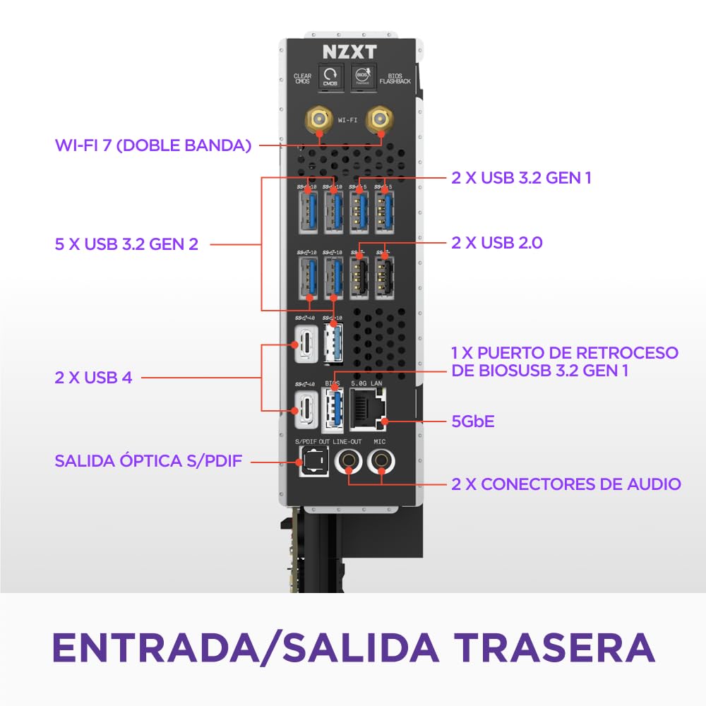 NZXT Placa Base para Juegos N9 X870E - AMD X870E AM5 ATX para Ryzen 9000/8000/7000-20+2+1, DDR5, 4X M.2, PCIe 5.0, 5GbE – Cubierta de Metal Completo, Pestillos de liberación rápida M.2 – Negro