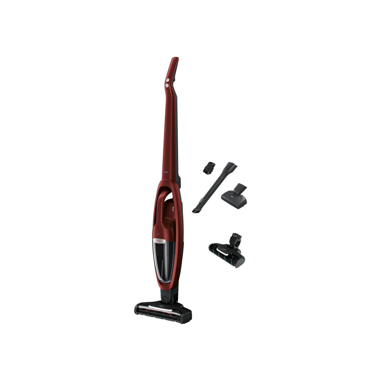 AEG QX7-1ULTAN Aspiradora Sin Cable, 21,6 V, Autonomía de 50 min, 2 Velocidades, Tecnología Cyclonic, Filtración de 5 Pasos, Depósito de 0,3 L, 4 Accesorios, Rojo Metalizado