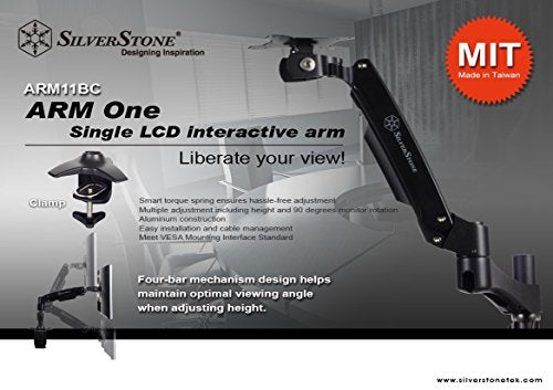 SilverStone SST-ARM11BC - Bracket para montaje de un brazo para monitor LCD LED, Ajustable, con rotación de 360º, brazo basculante arriba/abajo 90º,izquierda/derecha 90º & 180º Max VESA100x100,negro