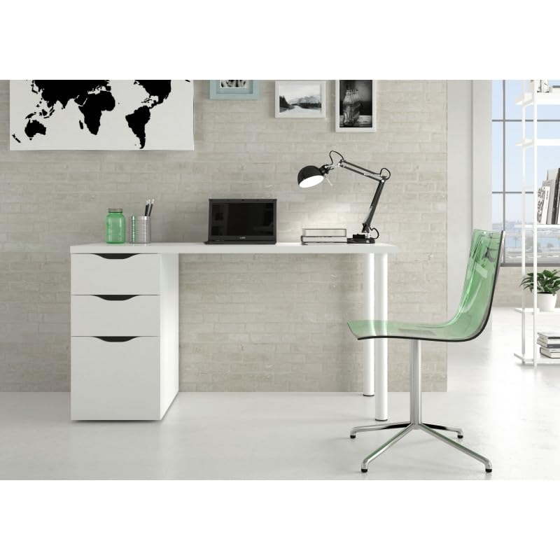 HOGAR24 ES Mesa despacho o Escritorio Reversible con cajonera, Color Blanco Artik