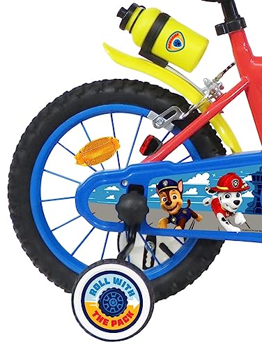 Bicicleta Atlas Bicicleta Niño 14' Paw Patrol Equipada con 2 Frenos, Placa Delantera Decorativa, Bidón Trasero y Casco Pat Patrulla Incluido Niño, Rojo, 14