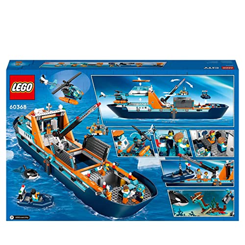 LEGO 60368 City Barco Explorador del Ártico, Barco Grande de Juguete Que Flota con Helicóptero, Sub, Naufragio Vikingo, Minifiguras y una Figura de Orca, Regalo para Niños y Niñas de 7 Años o Más