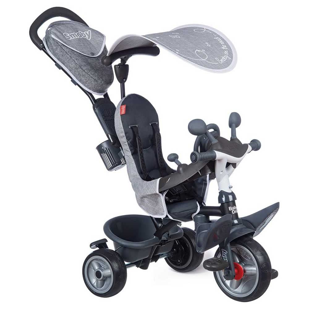 Smoby- Triciclo Baby Driver Confort Plus Gris, Evolutivo, Bastidor Metálico, con Barra de Empuje Parental, A Partir de 10 Meses